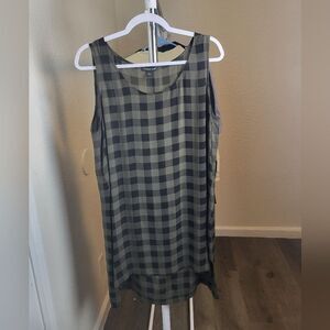 Eileen Fisher Silk Olive Green Buffalo Check Tunic Tank Top Large